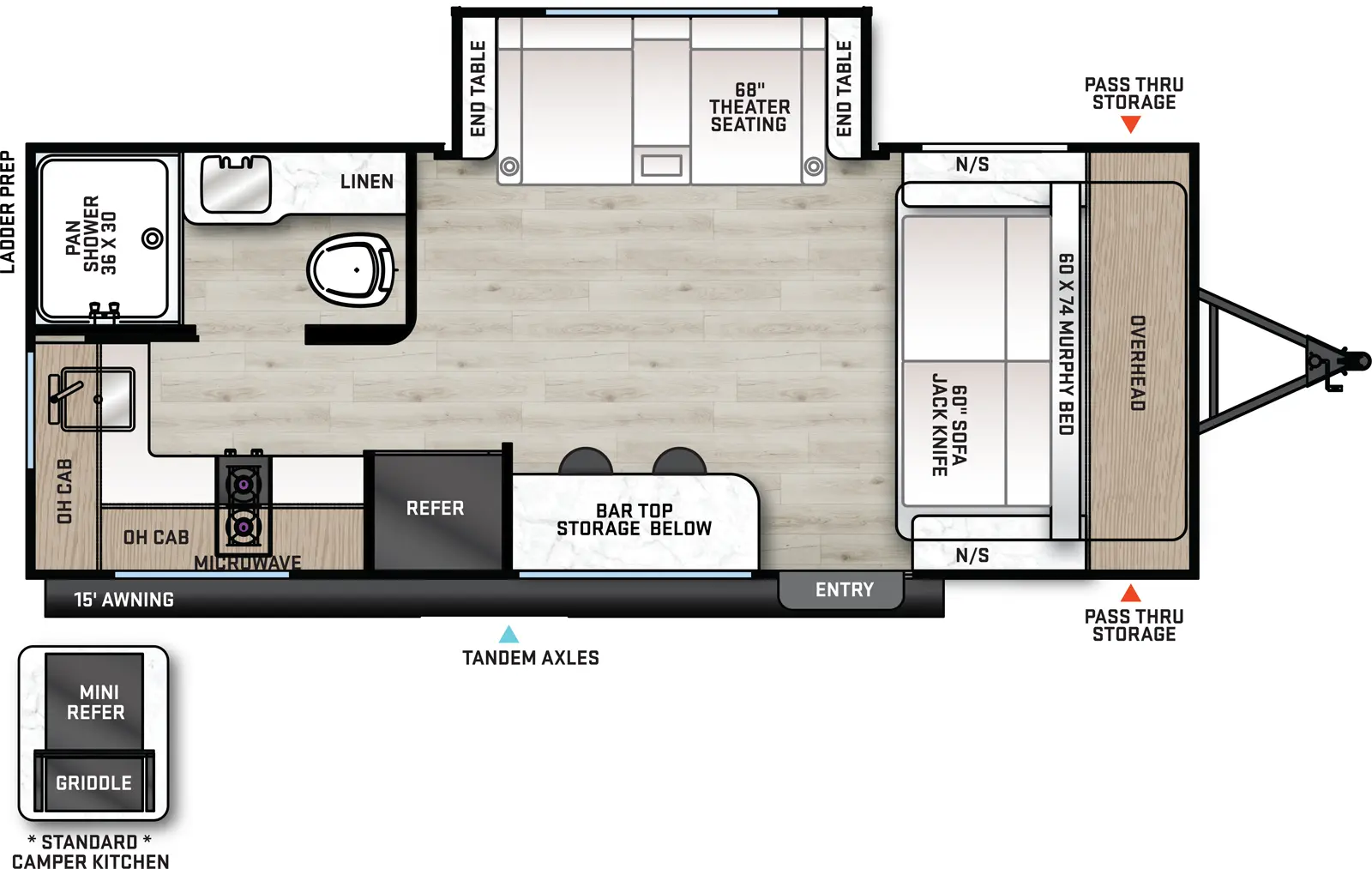 The Aurora 18RBS floorplan has one entry and one slide out. Exterior features include: metal exterior, 15' awning and outside kitchen. Interiors features include: murphy bed.